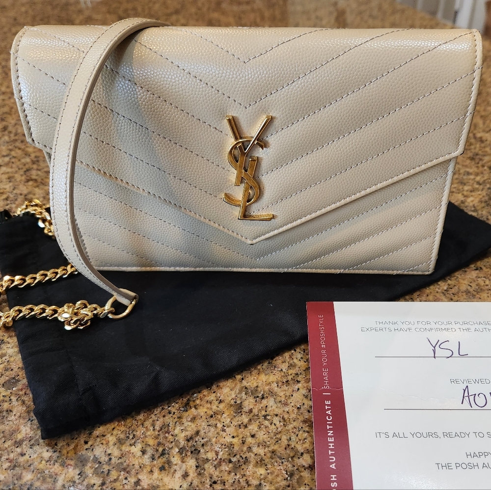 Saint Laurent YSL Cassandre Matelasse Envelope Chain Wallet in Beige